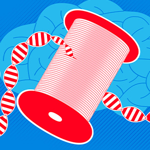 Illustration of red spools with strands of DNA as the thread, with a blue brain in the background.