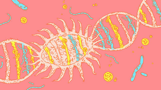 Illustration of DNA that combines elements of mealybug and bacterial imagery.