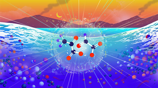 Illustration that depicts two types of simple molecules reacting in water on the early Earth.