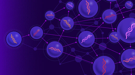 Illustration of a network of self-replicating RNA molecules evolving and getting more complex.
