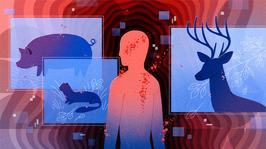 Illustration of a red human figured amid blue silhouettes of animals, in front of a red background.