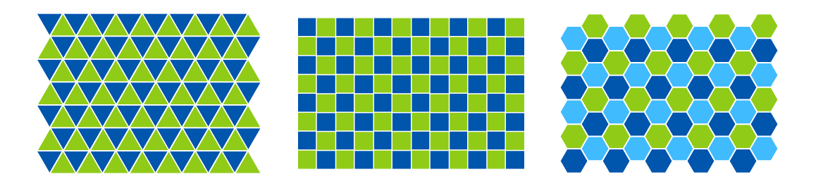 Tilings made of triangles, squares and hexagons.