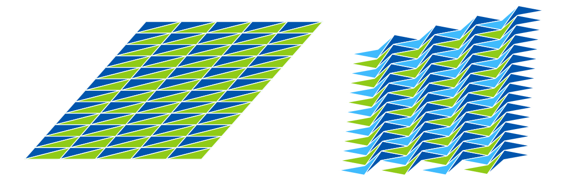 A tiling made of squished triangles, and one made of dart-shaped quadrilaterals.