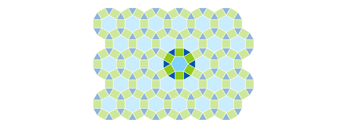 A tiling of hexagons, squares and triangles with one segment rotated.