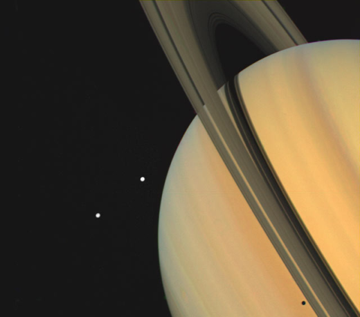 Photograph of Saturn and its moons.